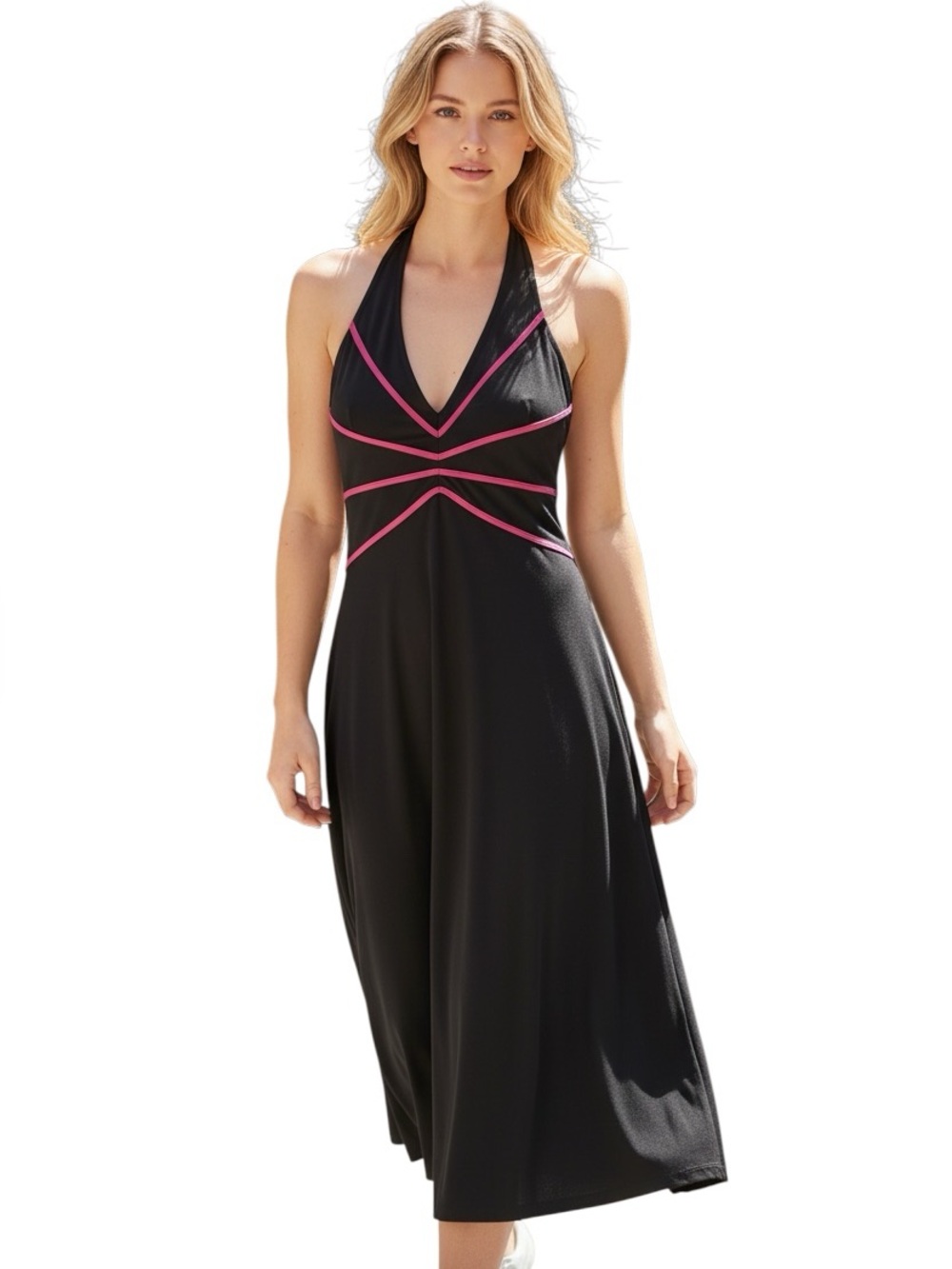 Cache Y2K Disco Halter Flare Black Pink Dress Size 6